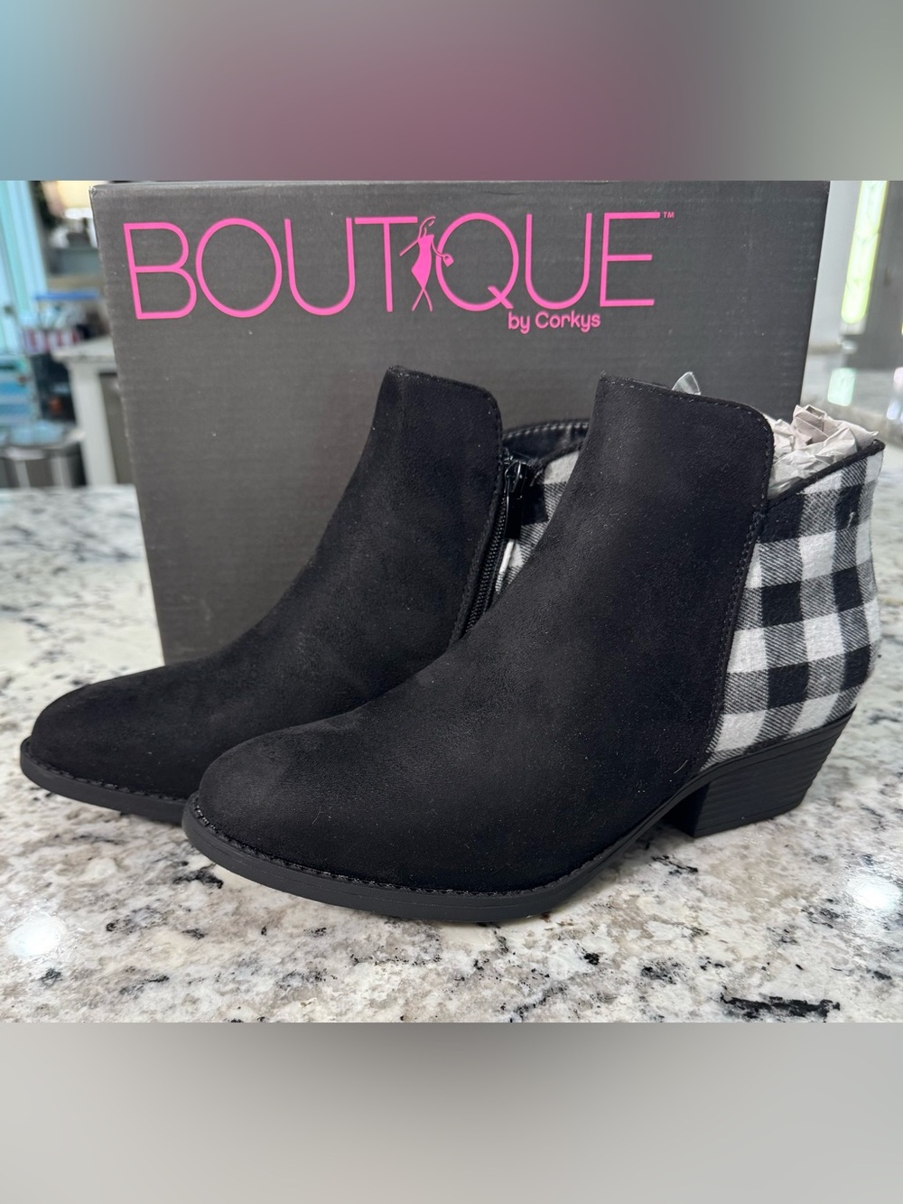 Boutique by Corkys- NEW Black Suede Ankle Boots with Black & White Plaid Heel